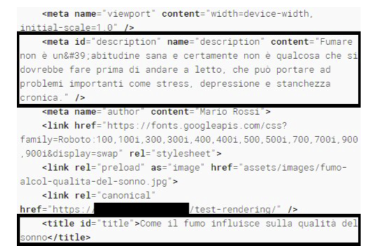 Capture du DOM rendu ou Google lit le title et la meta description ajoutes via JavaScript