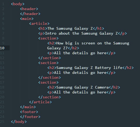 Samsung携帯レビューページの<section>使用例