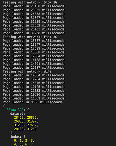 مخرجات طرفية تقارن نتائج Lighthouse وwindow.performance تحت شبكات Slow 3G وFast 3G وWi-Fi