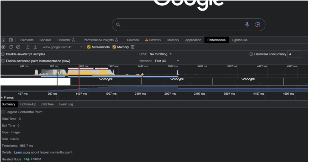 Chrome DevTools mit Lighthouse unter Fast 3G Chrome DevTools mit Lighthouse-Trace und LCP-Markierung unter Fast 3G