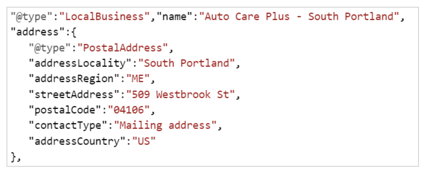 Trecho de JSON-LD com schema LocalBusiness, nome comercial e endereço estruturado
